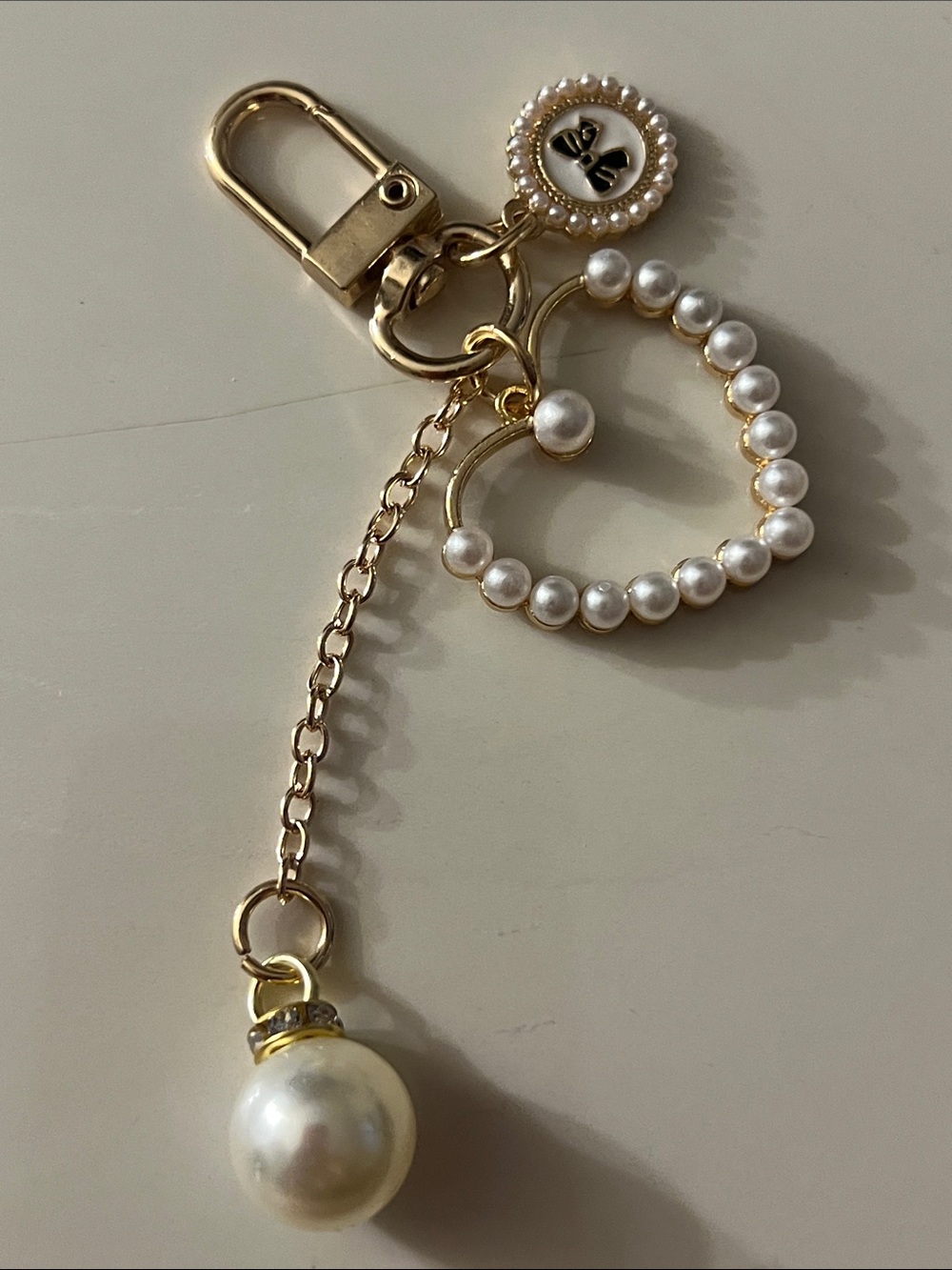 Gold Pearl Heart Keychain Charm